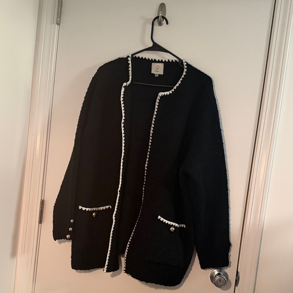 SIONI Knit Cardigan with Gold Buttons, Black and White, 1X